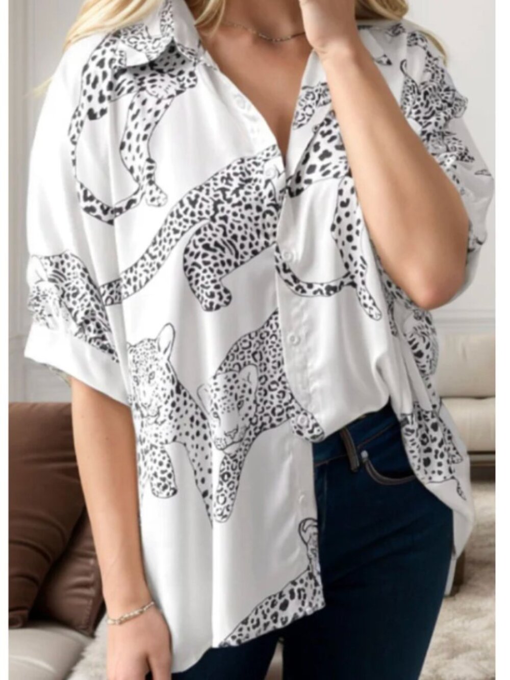 Mittoshop Off White Cheetah Button Down Top Blouse Silky